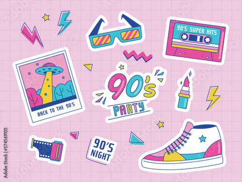 Retro patch badges with cassette,  sunglasses, lipstick, photo, etc. 90's party. Vector illustration on pink background. Set of stickers, pins, patches in trendy 90s memphis style