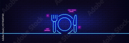 Neon light glow effect. Restaurant food line icon. Dinner sign. Hotel service symbol. 3d line neon glow icon. Brick wall banner. Restaurant food outline. Vector