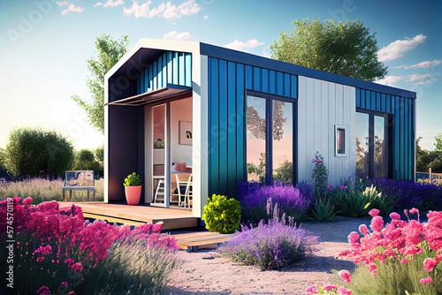 Illustration of modern tiny house in beautiful mediterranian garden (Generative AI) photo