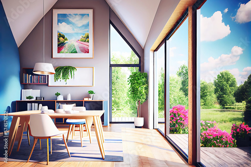 Illustration of modern house interior with garden views  Generative AI 