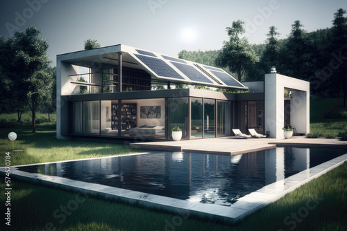 Energy Efficient House With Solar Panels And Wall Battery For Energy Storage  Generative AI © ChaoticMind