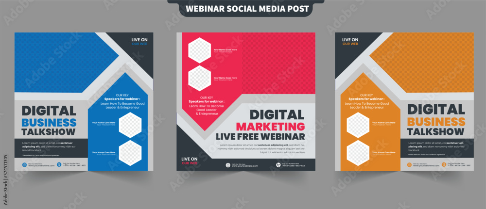 Set of digital business marketing or webinar flyer with company logo and icon with editable photo template