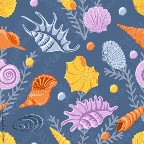 Seamless pattern with different sea shells. Marine dwellers. Concept of sea and ocean life. Modern print for fabric, textiles, wrapping paper. Vector illustration