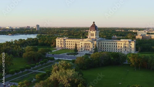 Aerial shot over Regina Legislative Building at Sunset. 