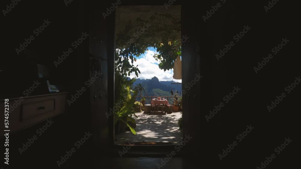 Picturesque terrace viewpoint in Artenara cave houses. Door with patio or tarraze or garden. Picturesque terrace viewpoint in Artenara cave houses. Door with patio or tarraze or garden.