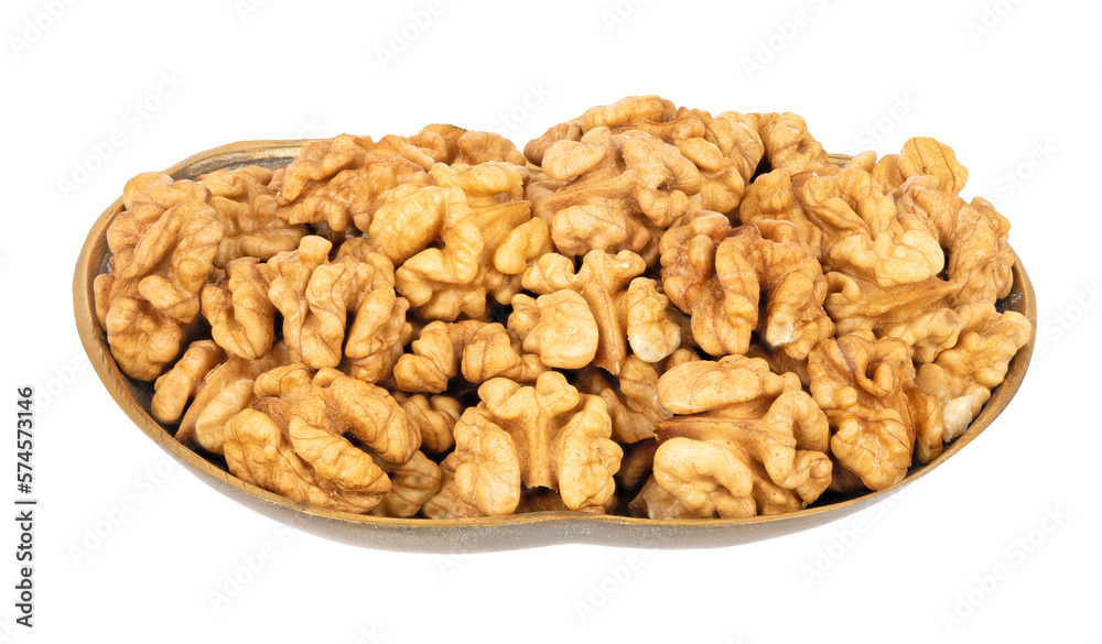 Peeled walnuts in wooden bowl on white. Walnut kernels-healthy snack. Peeled walnuts in wooden bowl on white. Walnut kernels-healthy snack.