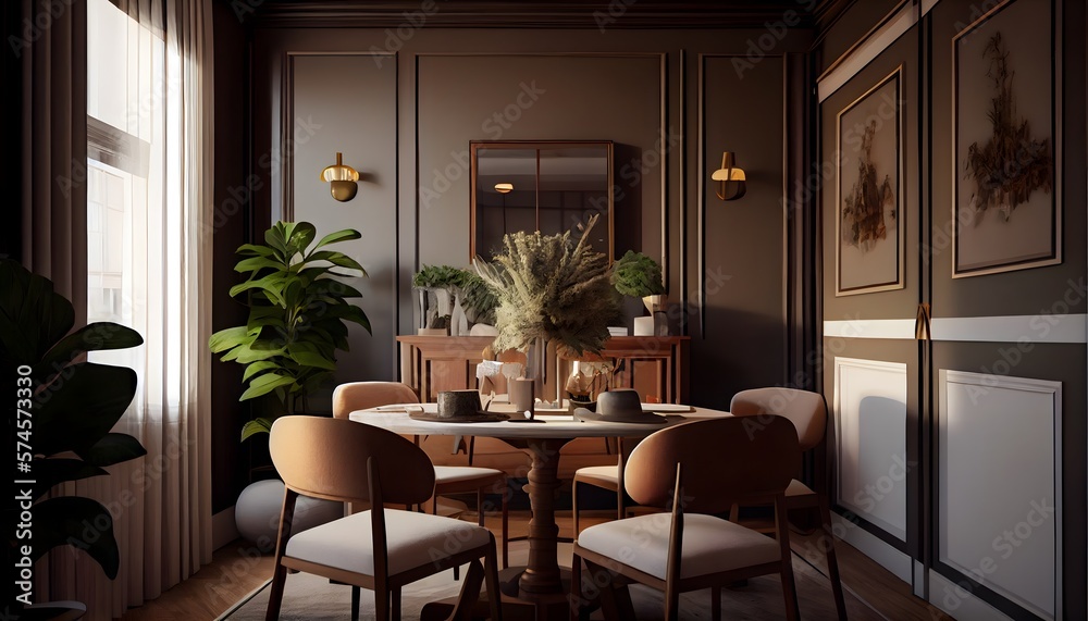 small dining room interior warm sand colors, generative ai, cozy elegance estate, fashionable room,  hardwood horizontal inside layout,