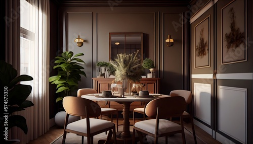 small dining room interior warm sand colors, generative ai, cozy elegance estate, fashionable room, hardwood horizontal inside layout,