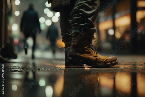Closeup of man's feet walking through puddles in the rain. Generative AI.