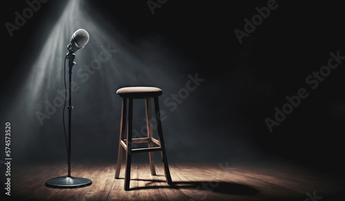 Concept stand up open mic for monologue. Poster background for comedy stage microphone with reflectors ray. Generation AI