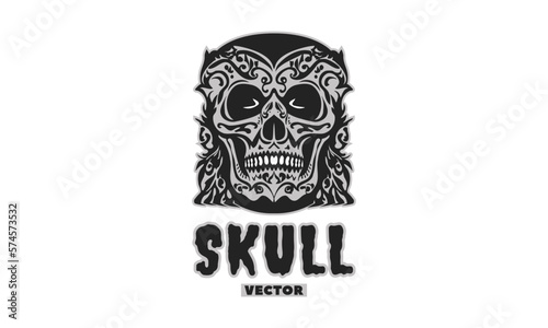 Vector monochrome scary stylistic human skull with patterns. Logo, emblem or icon. White isolated background. The day of the Dead.