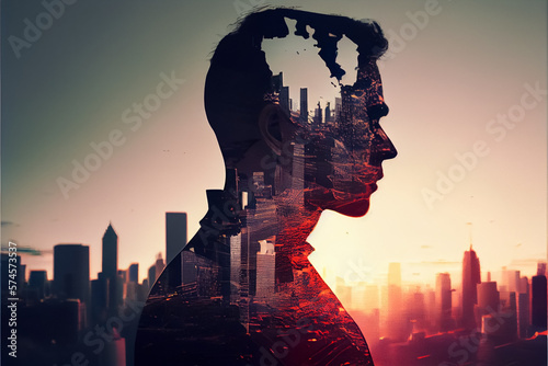 illustration of multiple exposure person silhouette and oil mining . AI