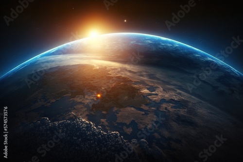 Curvature of planet Earth. Aerial view of blue planet from space. Sunrise over globe land and ocean. Generative AI.