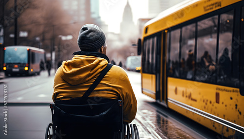 Confused and sad Elderly disabled man in wheelchair background of yellow bus. Concept lost Alzheimer people, problem transportation for senior person. Generation AI