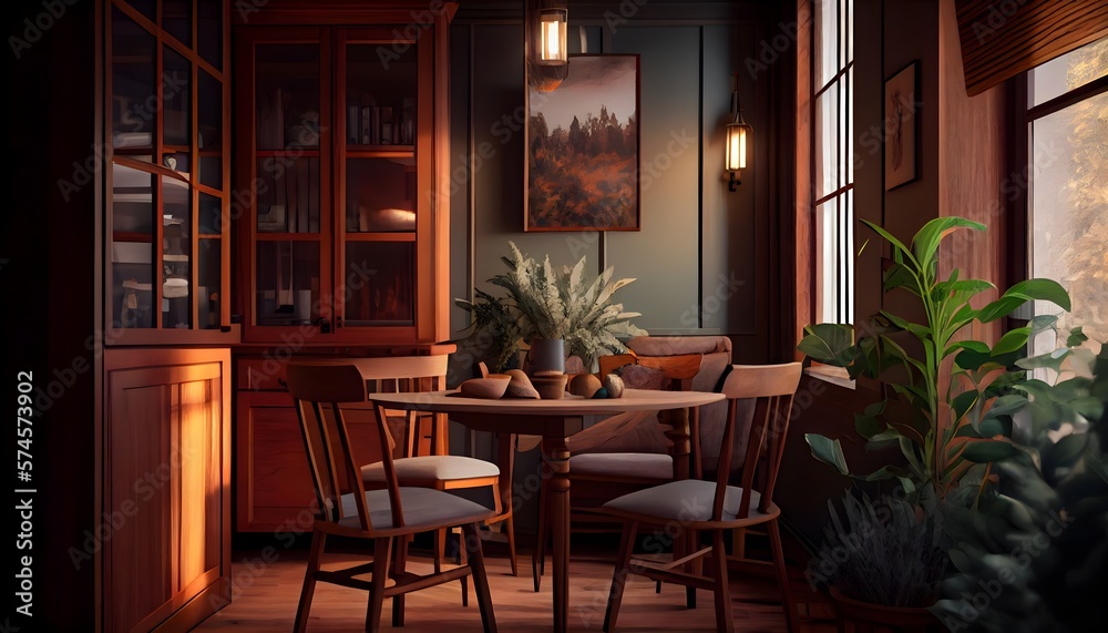 Interior design using warm wood tones in the dining room's smaller space, Colors of warm wood used in the interior of a tiny dining room, generative ai, 