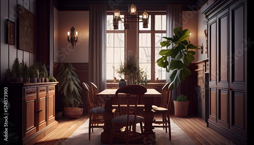 Interior design using warm wood tones in the dining room's smaller space, Colors of warm wood used in the interior of a tiny dining room, generative ai, 