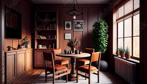 小さなダイニング ルーム インテリアの温かみのある木の色, generative ai, , 豪華さ部屋木家具 © DurffeeMill
