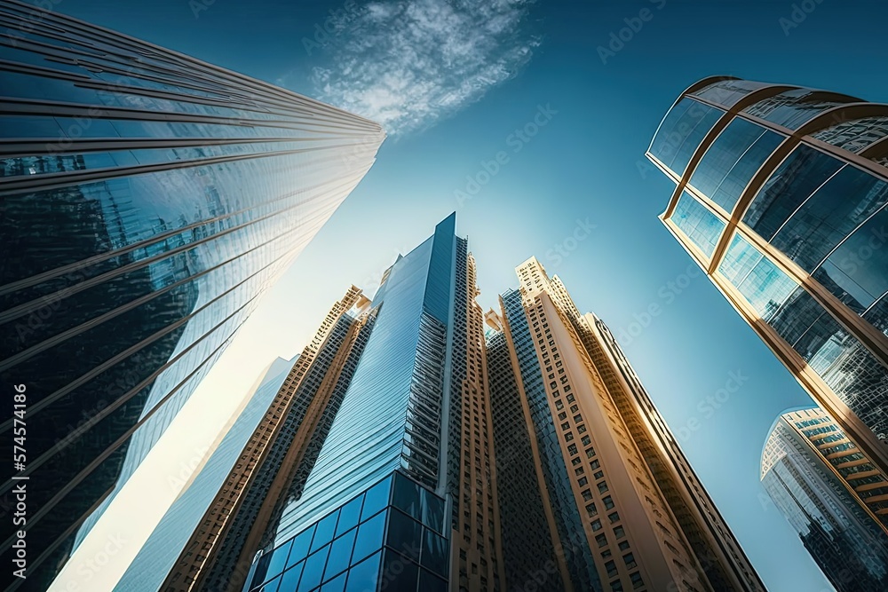 Modern glass skyscrapers with blue sky. Generative AI.