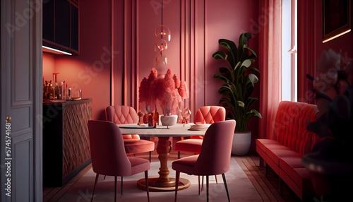 illustration du mur de la salle à manger avec Viva Magenta, ensemble de salle à manger de couleur rouge rose chaud, table en bois au sol. generative ai photo