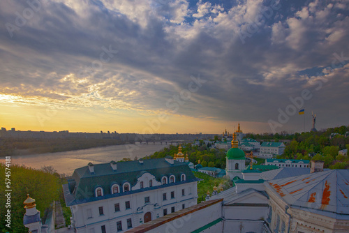 Sunrise view of Kyiv from Kyivo-Pecherska lavra and the Dniper river, Ukraine photo