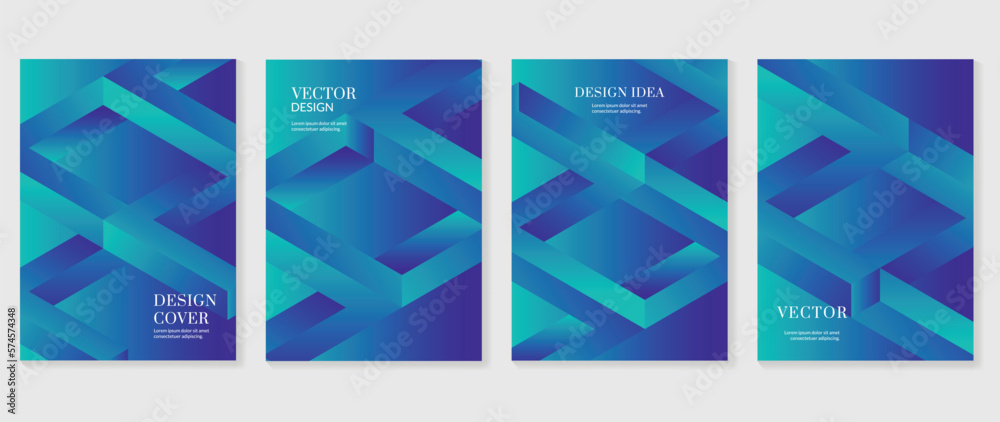 Abstract gradient background vector set. Minimalist style cover template with blue vibrant 3d geometric prism shapes collection. Ideal design for social media, poster, cover, banner, business flyer.