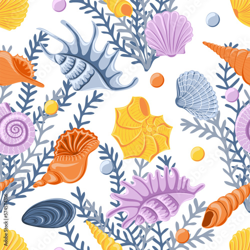 Seamless pattern with different sea shells. Marine dwellers. Concept of sea and ocean life. Modern print for fabric, textiles, wrapping paper. Vector illustration