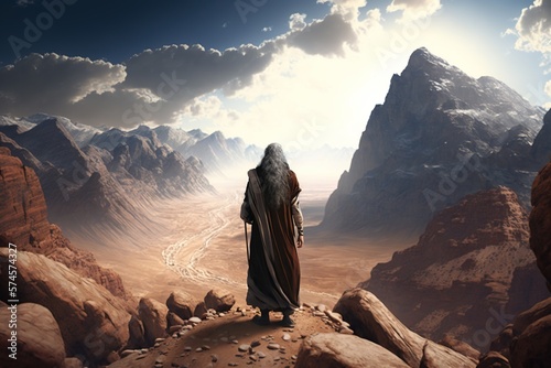 Fotografie, Obraz Moses on Mount Sinai. Generative AI.