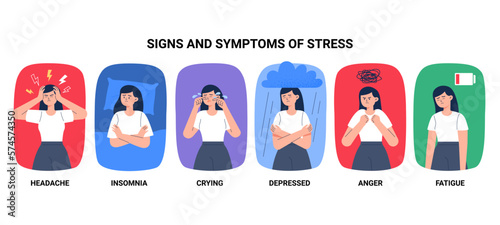 Woman with signs and symptoms of stress. Health problems through tension, fatigue, pain, and prolonged physical or mental work. Flat-style vector illustrations isolated on the background.