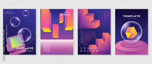 Abstract gradient background vector set. Minimalist style cover template with vibrant 3d geometric shapes, stairs, bubble, y2k vintage computer. Design for social media, poster, cover, banner, flyer.
