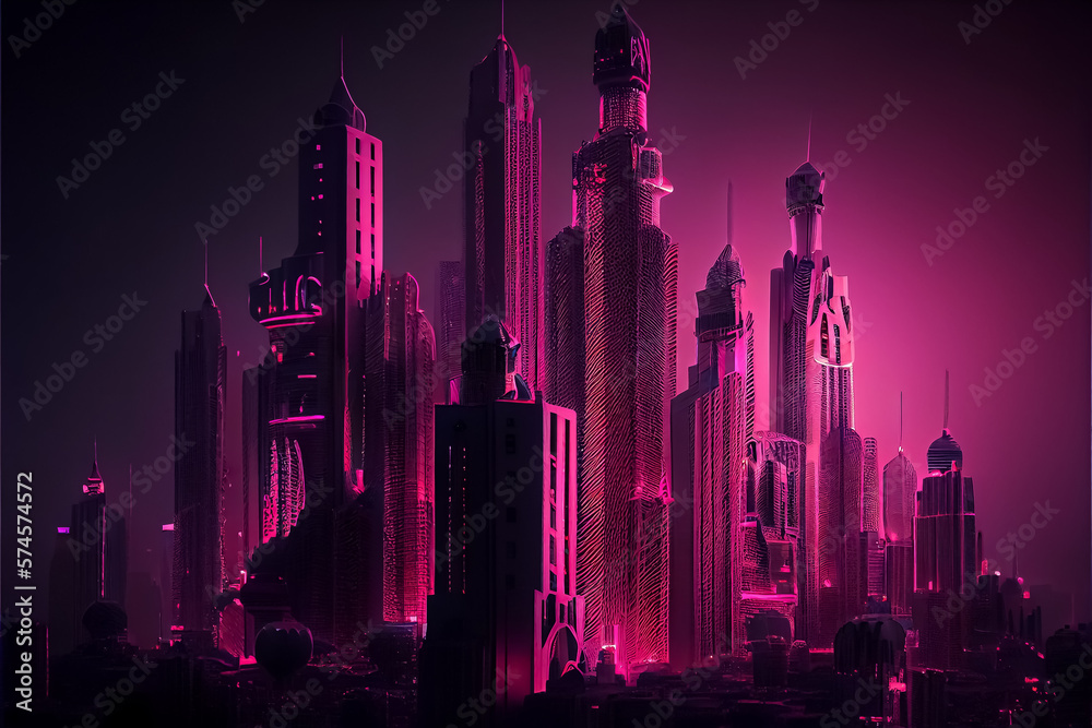Night panorama of the city, neon light illustration . AI