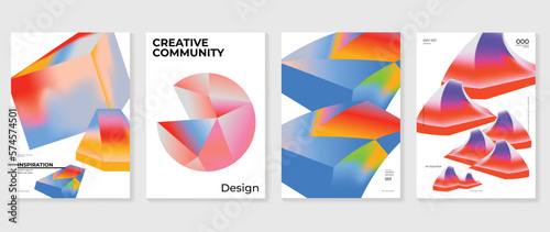 Abstract gradient background vector set. Minimalist style cover template with vibrant 3d geometric polygonal prism shapes collection. Design ideal for social media, poster, cover, banner, flyer.