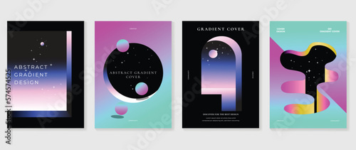 Abstract gradient background vector set. Futuristic style cover template with vibrant 3d geometric shapes and cosmic bright star texture. Design ideal for social media, poster, cover, banner, flyer.