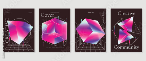 Abstract gradient background vector set. Futuristic minimal style cover template with colorful vibrant 3d geometric shapes prism and white lines. Design for social media, poster, cover, banner, flyer.