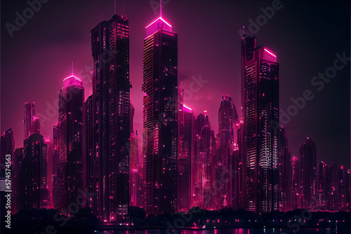 Night panorama of the city, neon light illustration . AI © terra.incognita