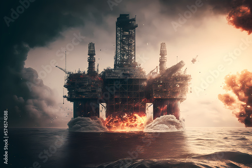 Accident on offshore petroleum platform, Gas explosion on oil rig at sea water, sunset light. Generation AI