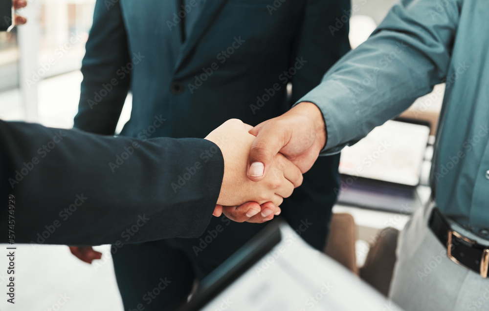 Handshake, business partnership and agreement closeup, collaboration or b2b welcome, thank you and clients meeting. People shaking hands in job interview, career promotion or hiring deal with success