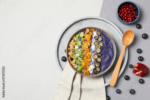 Concept of healthy food with acai smoothie, space for text