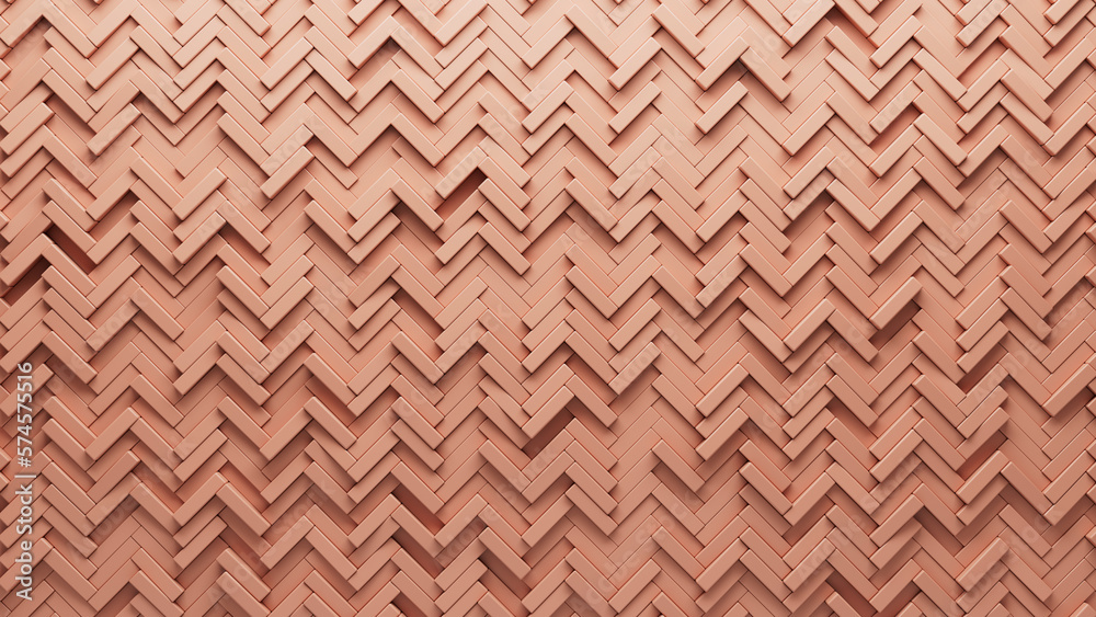 3D Tiles arranged to create a Herringbone wall. Futuristic, Polished Background formed from Peach blocks. 3D Render 3D Tiles arranged to create a Herringbone wall. Futuristic, Polished Background formed from Peach blocks. 3D Render
