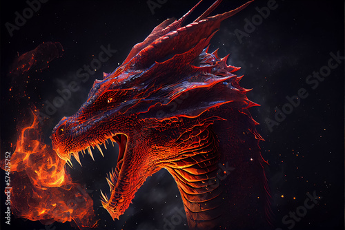 illustration of a mysterious fire dragon on black background . AI