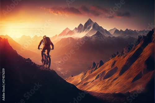 Fotobehang A man riding a bicycle down a hill at epic sunset digital art style, illustration