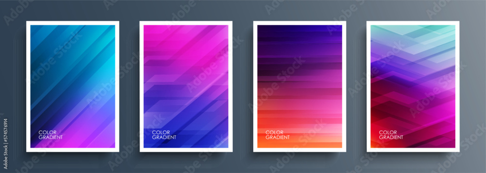 Set of abstract backgrounds with vibrant color gradients and line patterns. Bright graphic templates collection for brochure covers, posters, flyers and cards. Vector illustration.