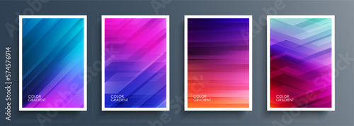 Set of abstract backgrounds with vibrant color gradients and line patterns. Bright graphic templates collection for brochure covers, posters, flyers and cards. Vector illustration.