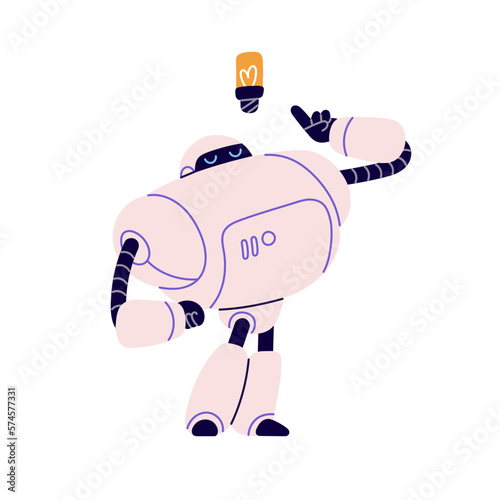 Cute creative robot with idea, thought, solution. Smart retro-styled android, AI machine character thinking. Bot with mind and creativity. Flat vector illustration isolated on white background
