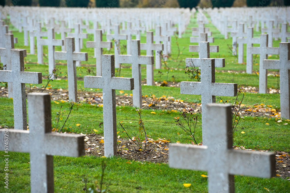 Endless crosses at the cemetery outside the Douaumont ossuary (L'ossuaire de Douaumont) built in 1932 is a memorial containing the remains of soldiers who died at the battle of Verdun 21 February 1916