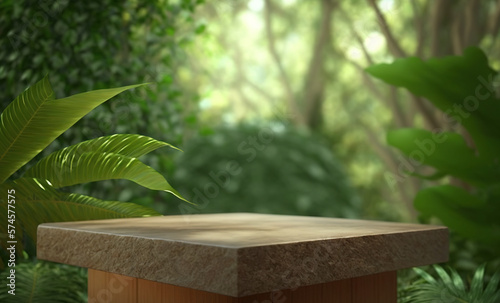 empty wooden tabletop podium in garden open forest, blurred green plants background with space. organic product presents natural placement pedestal display, spring and summer concept. Generative AI