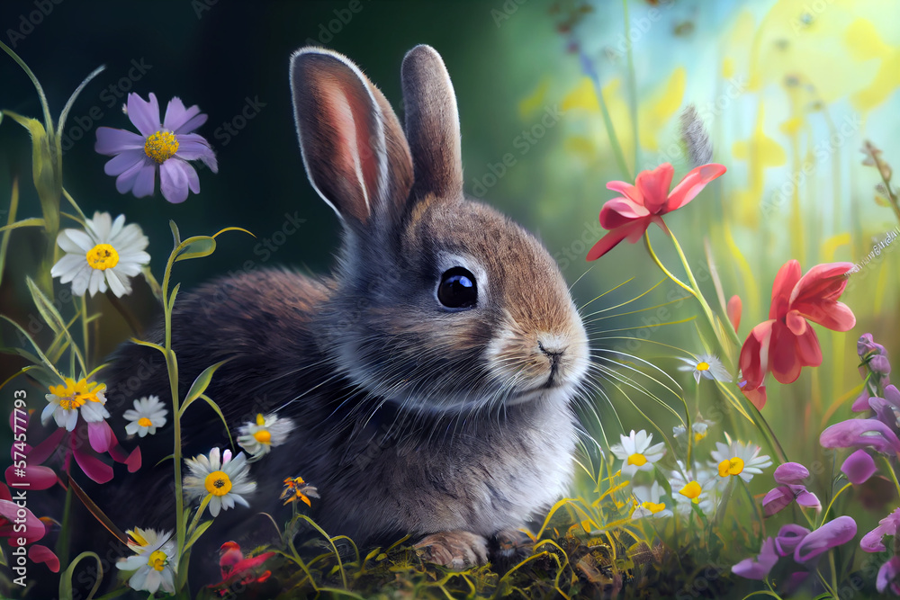 Fototapeta premium A cute small rabbit in the meadow with many colourful flowers around, generative ai