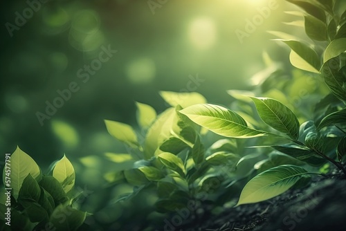 nature view of a green leaf on a blurred background of greenery in the garden and sunlight. generation al