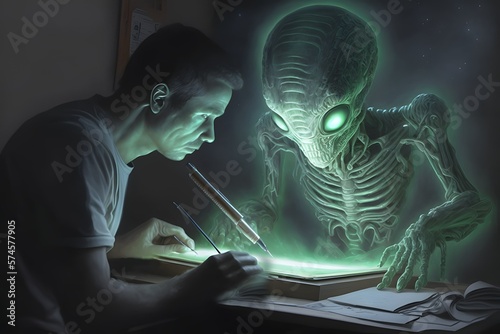 Aliens Collaborating with Humans, Extraterrestrials Working with Humans, Alien Technology, UFO, Alien Abduction, Intergalactic, Alien Encounter, Alien Species, Flying Saucer. Generative ai