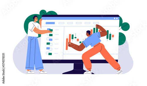 Investing and trading on stock market. Investment concept. Analyzing indexes data, candle bars, finance graphs, selling and buying assets online. Flat vector illustration isolated on white background