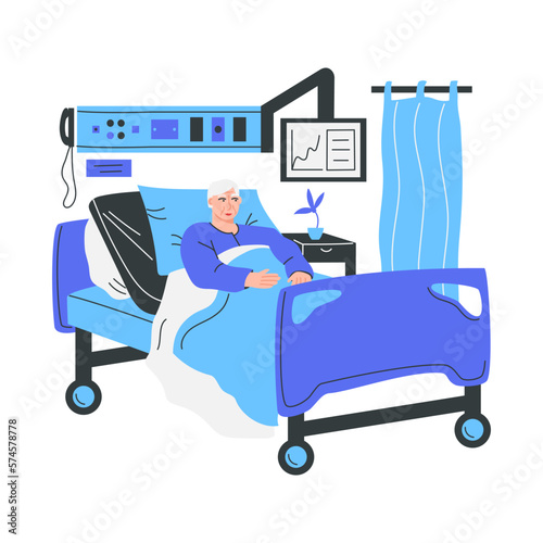 Hospitalized elderly man lying in a bed. Sick aged male patient  in a hospital room. Vector flat illustration